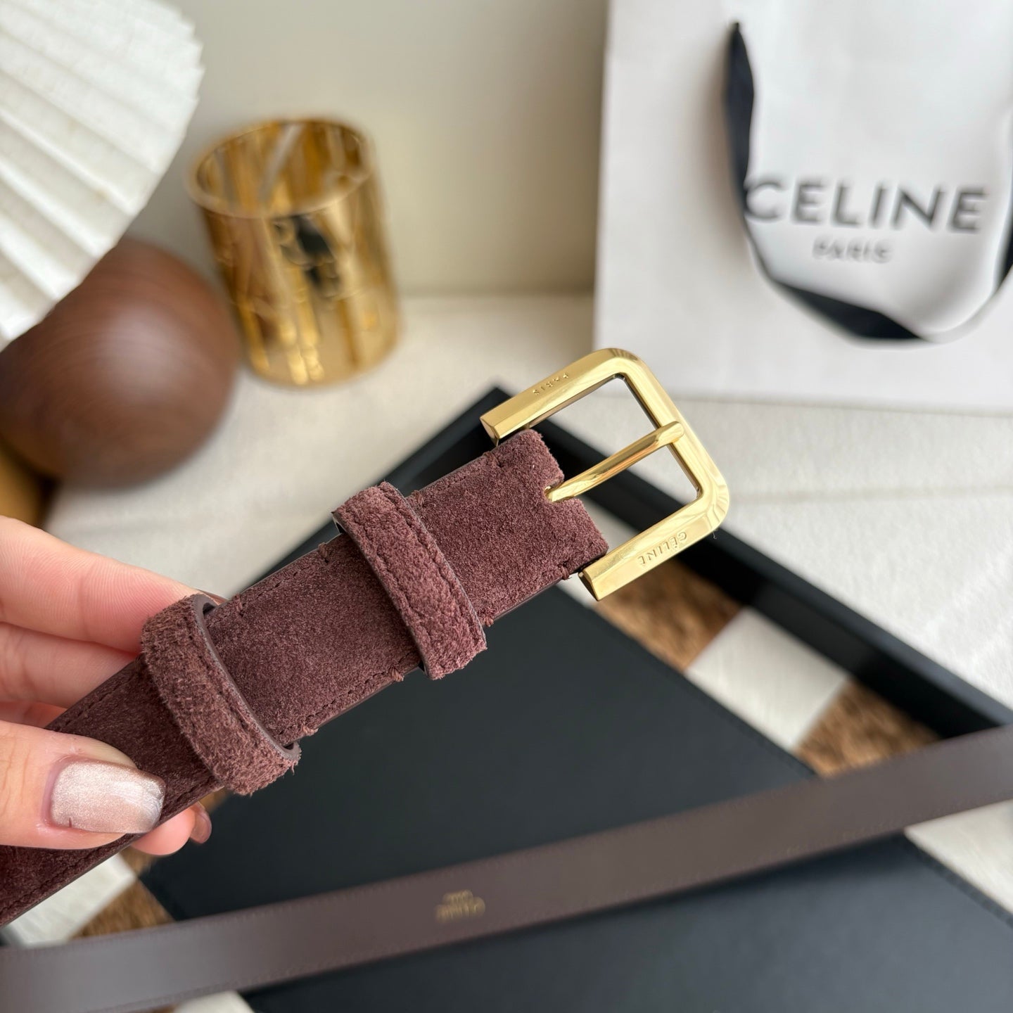 CELINE 26S BELT 25 MM IN CHOCOLATE SUEDE 657476