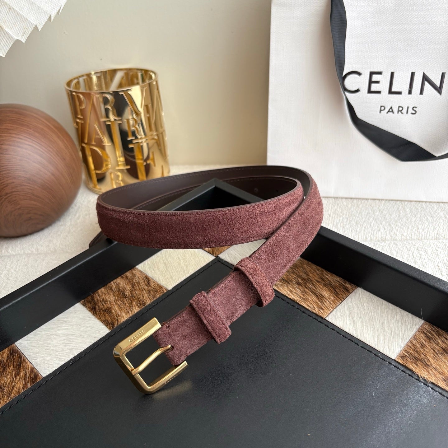 CELINE 26S BELT 25 MM IN CHOCOLATE SUEDE 657476