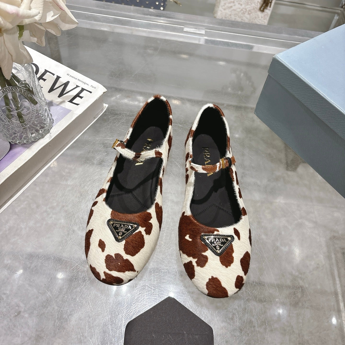 PRADA 25S MARY JANE BALLETS IN BROWN MIX CREAM WHITE HORSEHAIR FABRIC