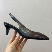 LP POINTED TOE MID-HEEL SLINGBACK DARK BROWN CALFSKIN