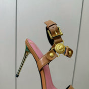 BALMAIN 25S HEELED EVA SANDALS 95MM IN BROWN AND PINK CALFSKIN