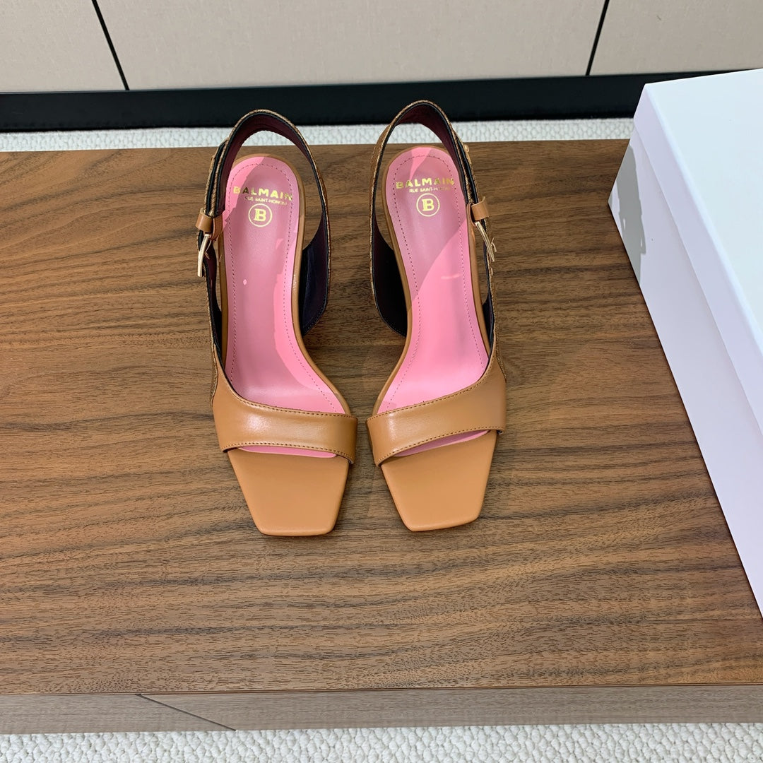 BALMAIN 25S JACQUARD KNIT SLINGBACK PUMPS 95MM IN BROWN AND PINK CALFSKIN