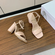 HIGH HEEL EMBROIDERED SANDAL IN LIGHT PINK CALFSKIN AND WOVEN STRAPS
