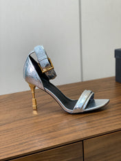 BALMAIN 25S SQUARE STRAP HIGH HEELS 100MM IN SILVER CALFSKIN