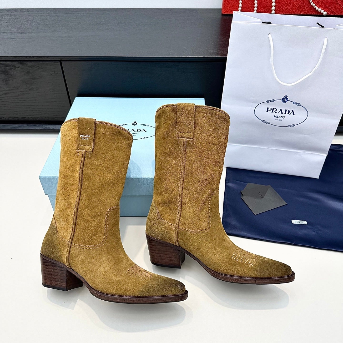 PRADA 25S POINTED-TOE LOW-CUT BOOTS IN CARAMEL BROWN SUEDE