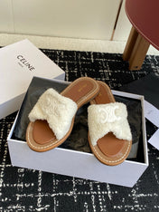 CELINE 26S TRIOMPHE FLAT SLIDES IN WHITE WOOL