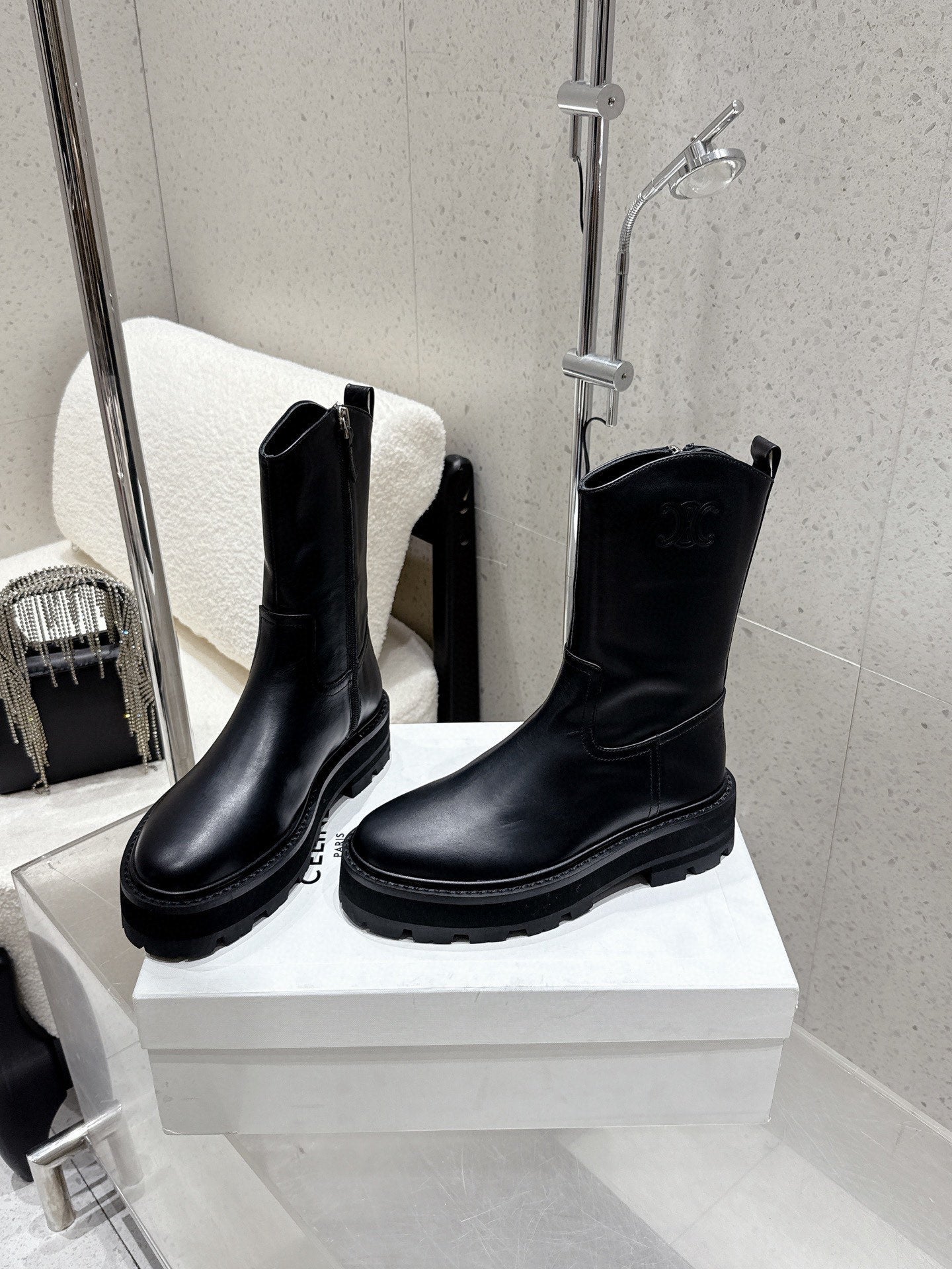 CELINE 26S ZIP-UP ANKLE BOOTS IN BLACK CALFSKIN