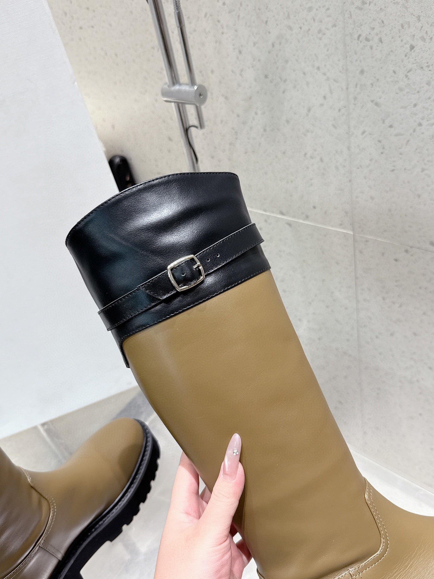 CELINE 26S KNEE-HIGH BOOTS IN OLIVE BROWN AND BLACK CALFSKIN