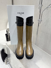 CELINE 26S KNEE-HIGH BOOTS IN OLIVE BROWN AND BLACK CALFSKIN