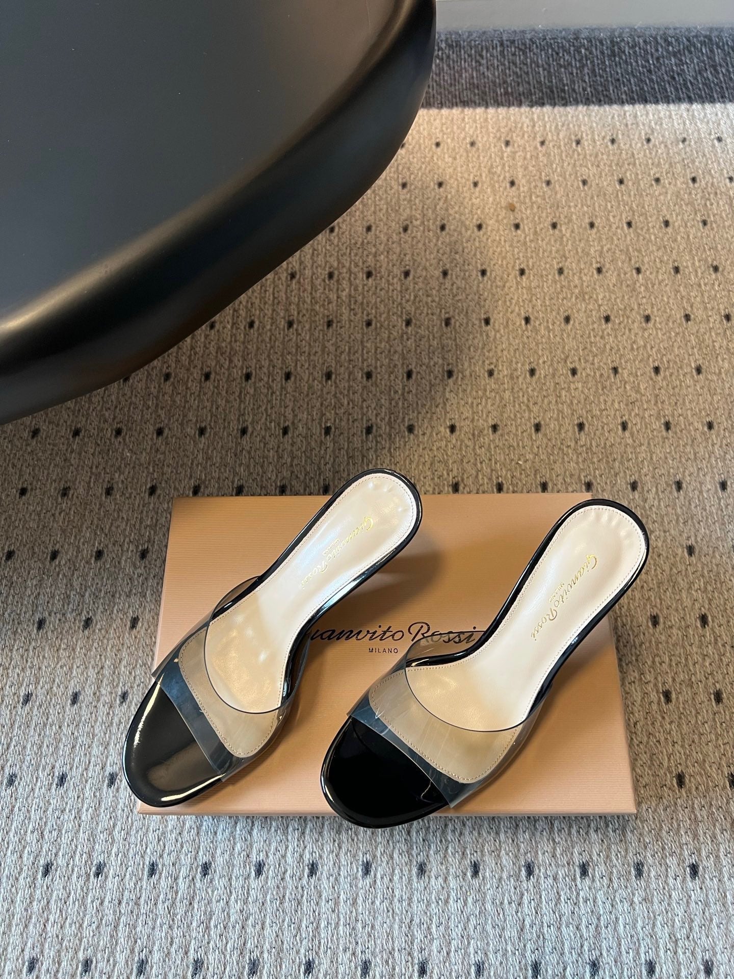GIANVITO ROSSI 26S HEELED SANDALS 75 MM IN BLACK PATENT CALFSKIN AND PVC