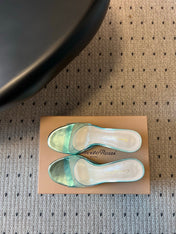 GIANVITO ROSSI 26S HEELED SANDALS 75 MM IN METALLIC MINT GREEN PATENT CALFSKIN AND PVC