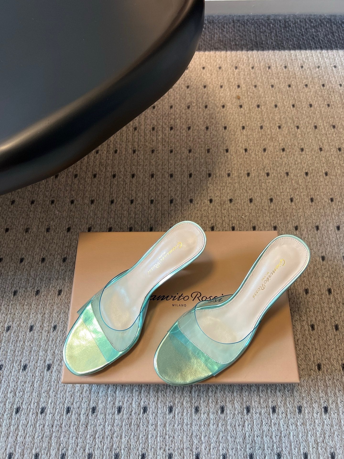 GIANVITO ROSSI 26S HEELED SANDALS 75 MM IN METALLIC MINT GREEN PATENT CALFSKIN AND PVC