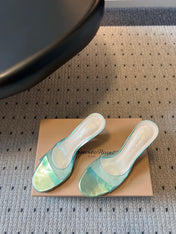 GIANVITO ROSSI 26S HEELED SANDALS 75 MM IN METALLIC MINT GREEN PATENT CALFSKIN AND PVC