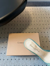 GIANVITO ROSSI 26S HEELED SANDALS 75 MM IN METALLIC MINT GREEN PATENT CALFSKIN AND PVC