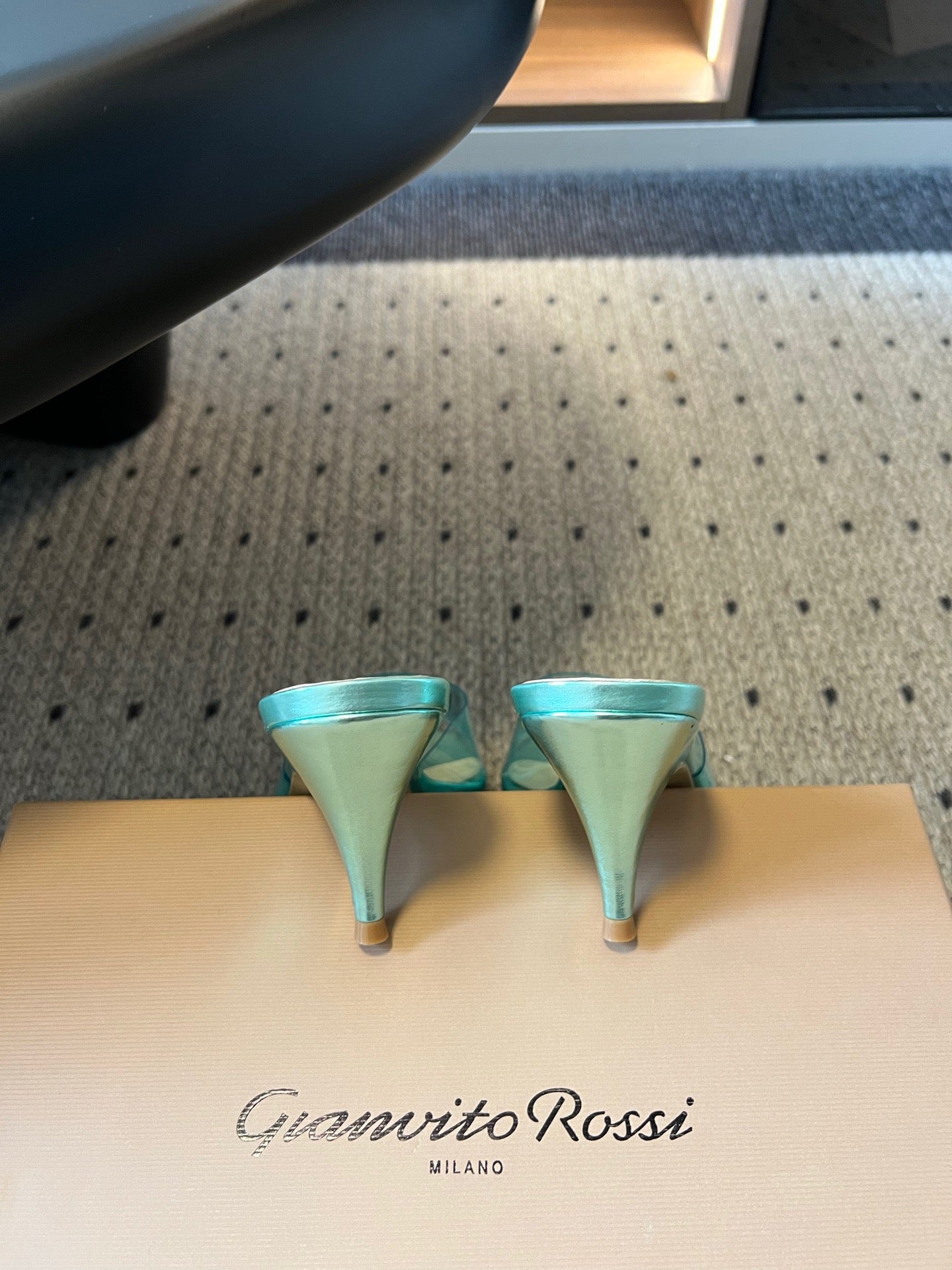 GIANVITO ROSSI 26S HEELED SANDALS 75 MM IN METALLIC MINT GREEN PATENT CALFSKIN AND PVC
