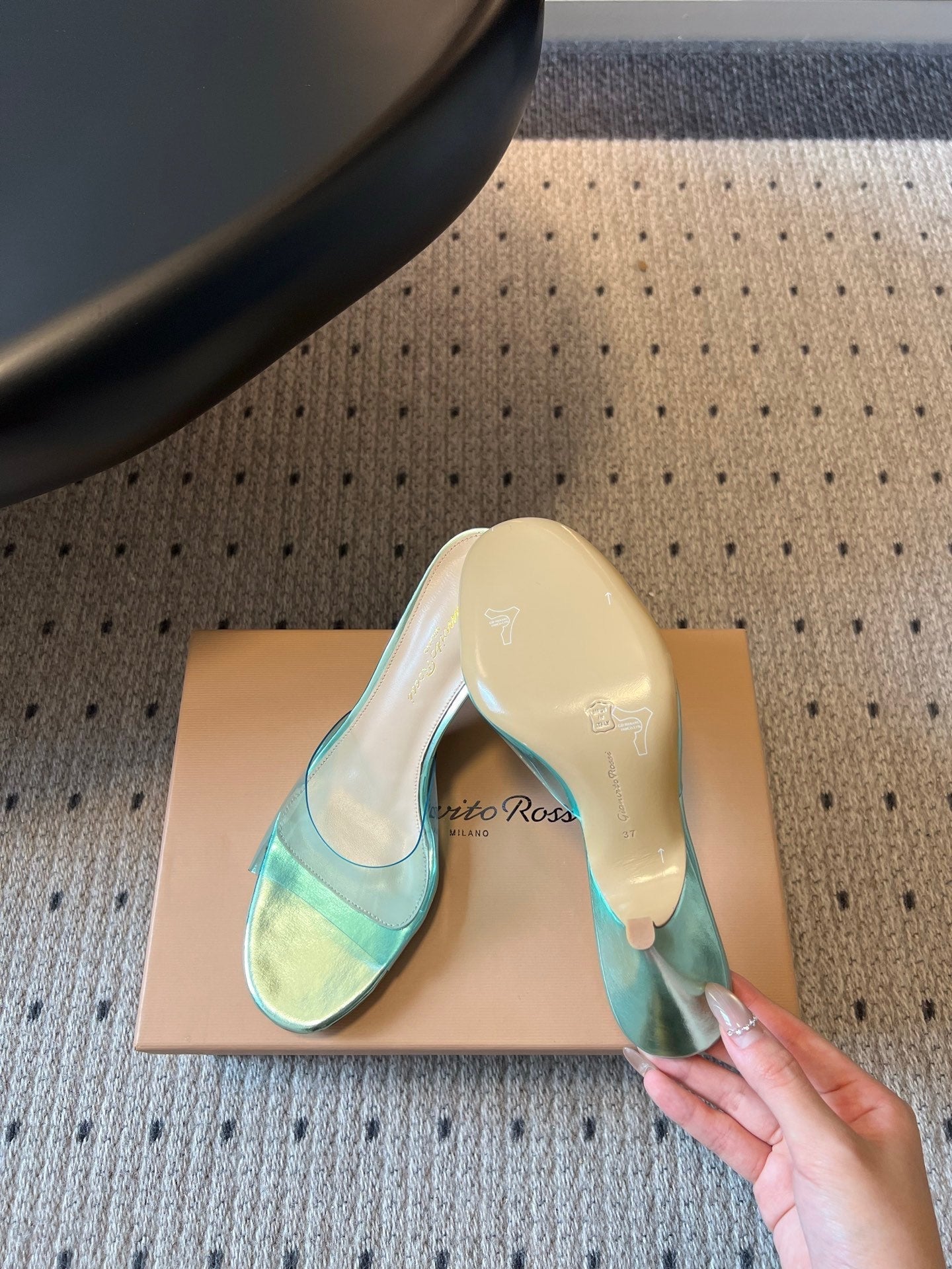 GIANVITO ROSSI 26S HEELED SANDALS 75 MM IN METALLIC MINT GREEN PATENT CALFSKIN AND PVC