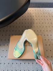 GIANVITO ROSSI 26S HEELED SANDALS 75 MM IN METALLIC MINT GREEN PATENT CALFSKIN AND PVC