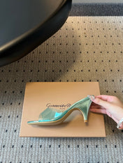 GIANVITO ROSSI 26S HEELED SANDALS 75 MM IN METALLIC MINT GREEN PATENT CALFSKIN AND PVC