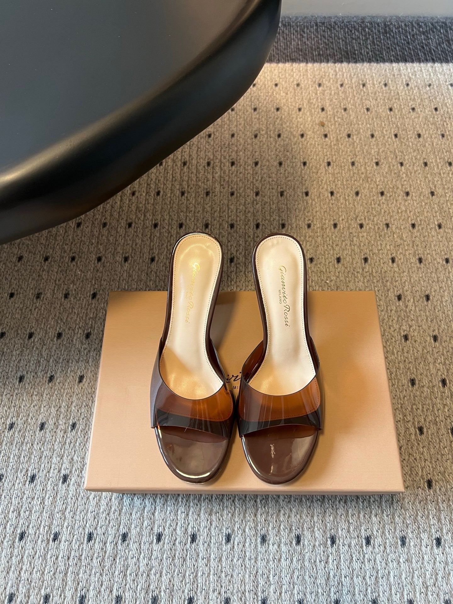 GIANVITO ROSSI 26S HEELED SANDALS 75 MM IN DARK BROWN PATENT CALFSKIN AND PVC