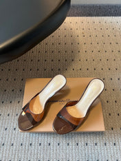 GIANVITO ROSSI 26S HEELED SANDALS 75 MM IN DARK BROWN PATENT CALFSKIN AND PVC