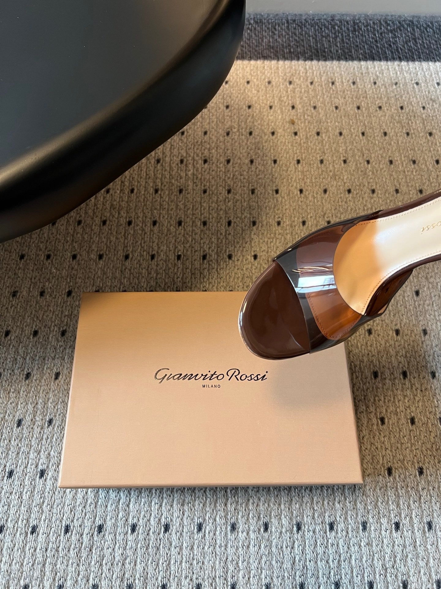 GIANVITO ROSSI 26S HEELED SANDALS 75 MM IN DARK BROWN PATENT CALFSKIN AND PVC