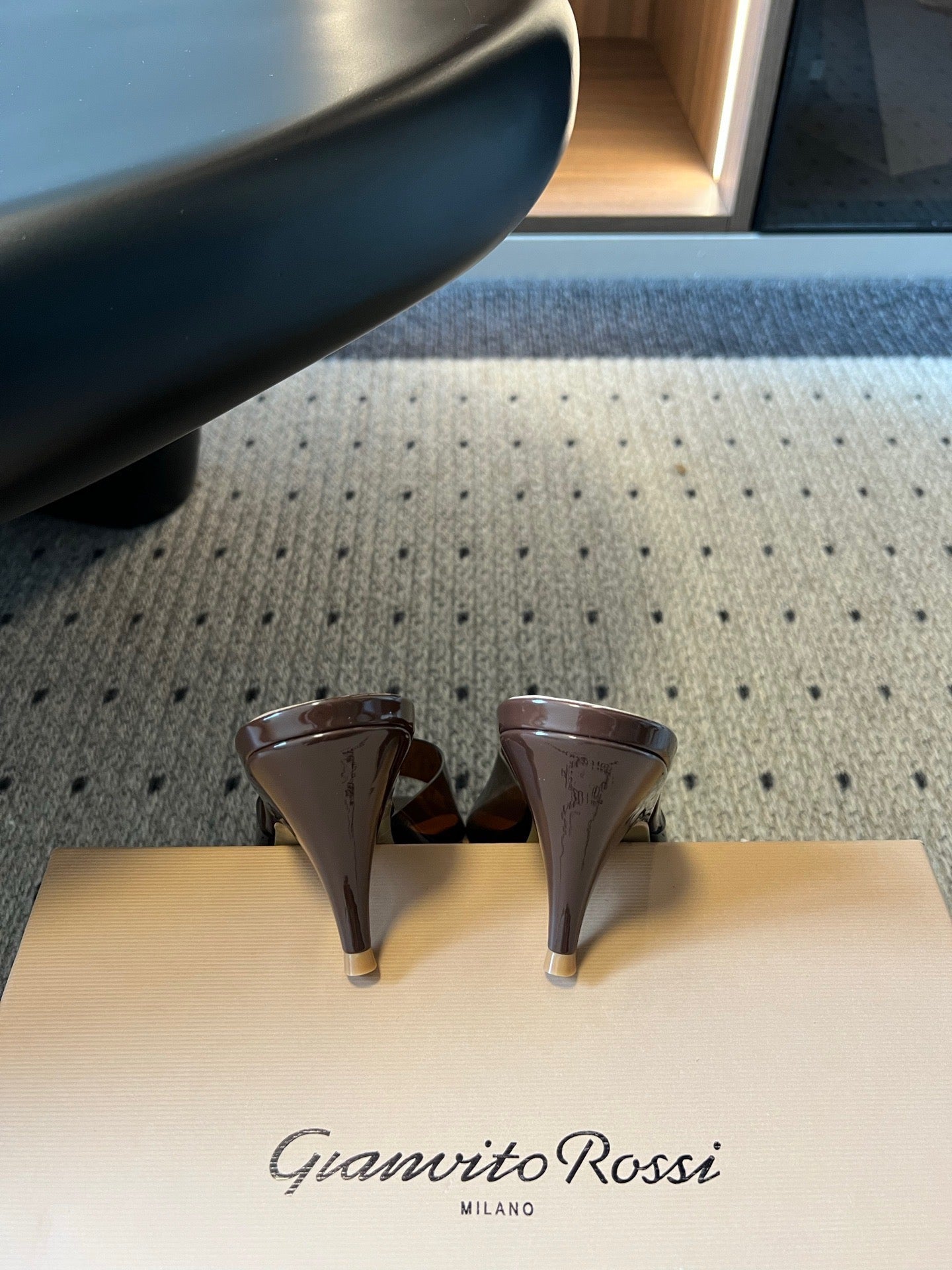 GIANVITO ROSSI 26S HEELED SANDALS 75 MM IN DARK BROWN PATENT CALFSKIN AND PVC