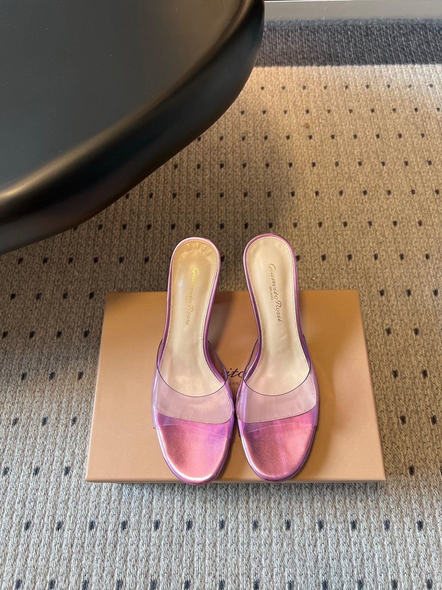 GIANVITO ROSSI 26S HEELED SANDALS 75 MM IN METALLIC PURPLE CALFSKIN AND PVC