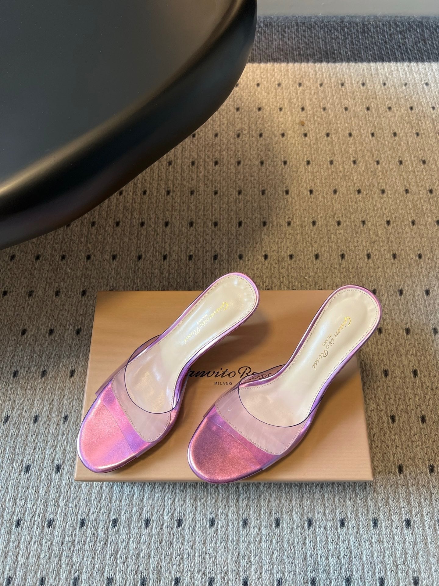 GIANVITO ROSSI 26S HEELED SANDALS 75 MM IN METALLIC PURPLE CALFSKIN AND PVC