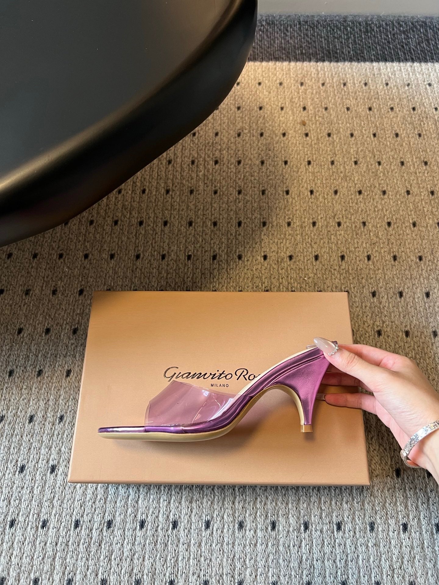 GIANVITO ROSSI 26S HEELED SANDALS 75 MM IN METALLIC PURPLE CALFSKIN AND PVC
