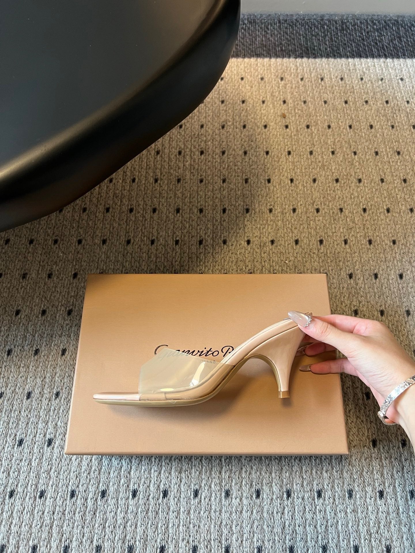 GIANVITO ROSSI 26S HEELED SANDALS 75 MM IN LIGHT BEIGE PATENT CALFSKIN AND PVC