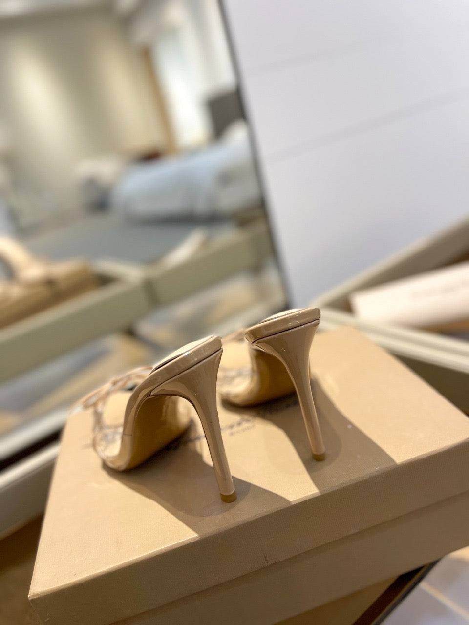 GIANVITO ROSSI 26S HEELED SANDALS 105 MM IN BEIGE PATENT CALFSKIN