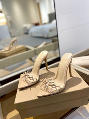 GIANVITO ROSSI 26S HEELED SANDALS 105 MM IN BEIGE PATENT CALFSKIN