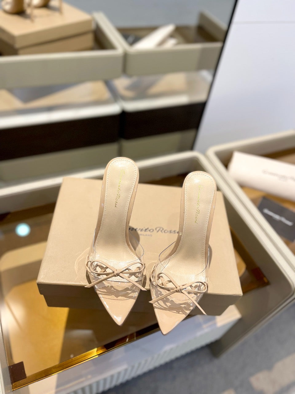 GIANVITO ROSSI 26S HEELED SANDALS 105 MM IN BEIGE PATENT CALFSKIN