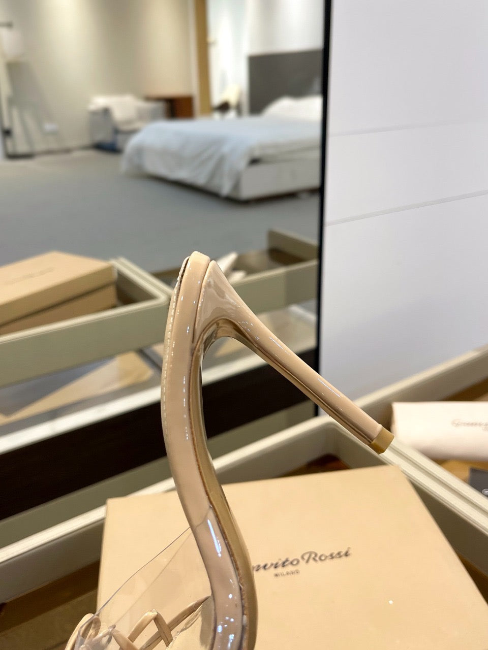 GIANVITO ROSSI 26S HEELED SANDALS 105 MM IN BEIGE PATENT CALFSKIN