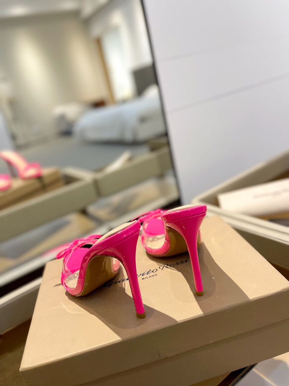 GIANVITO ROSSI 26S HEELED SANDALS 105 MM IN PINK PATENT CALFSKIN
