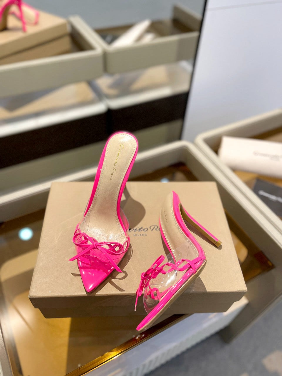GIANVITO ROSSI 26S HEELED SANDALS 105 MM IN PINK PATENT CALFSKIN