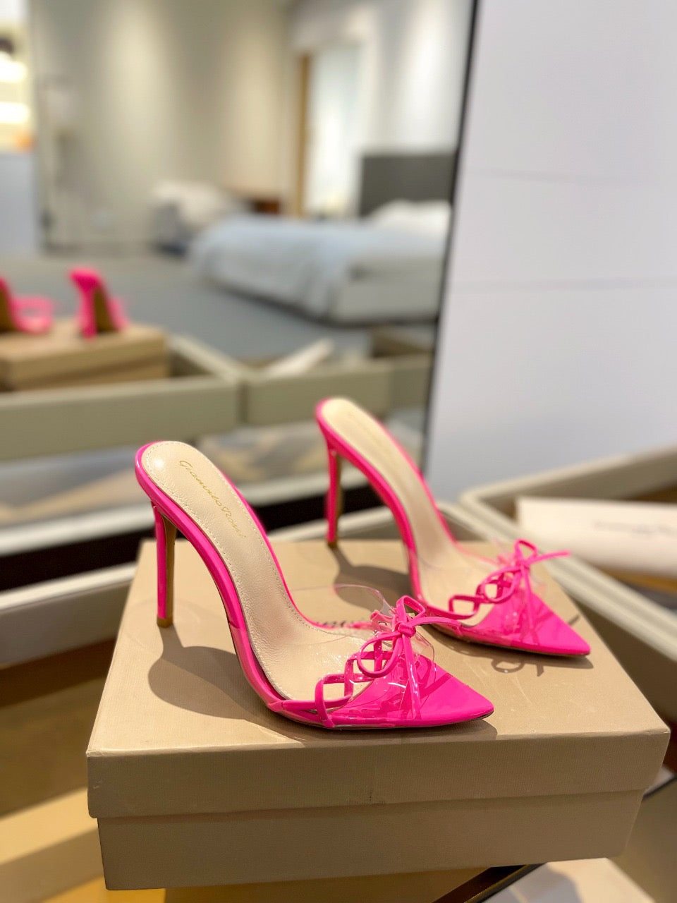 GIANVITO ROSSI 26S HEELED SANDALS 105 MM IN PINK PATENT CALFSKIN