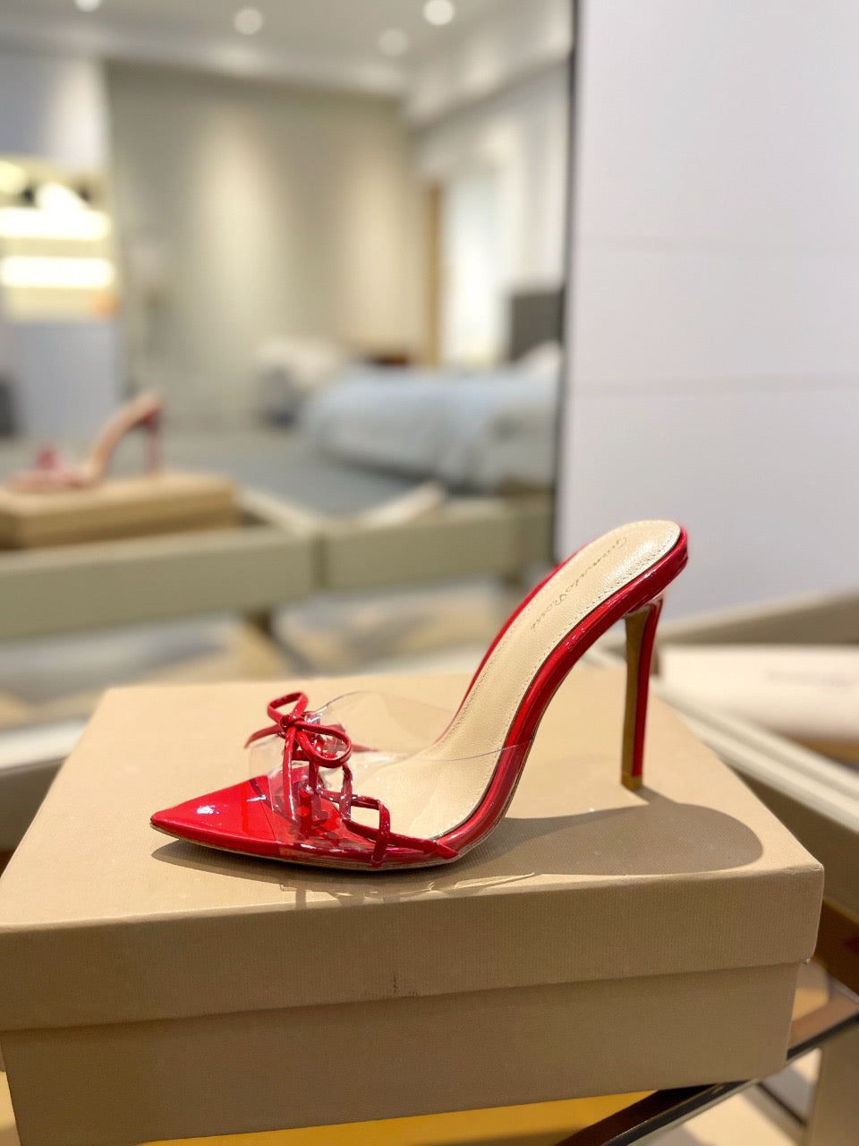 GIANVITO ROSSI 26S HEELED SANDALS 105 MM IN DARK RED PATENT CALFSKIN WITH BOW