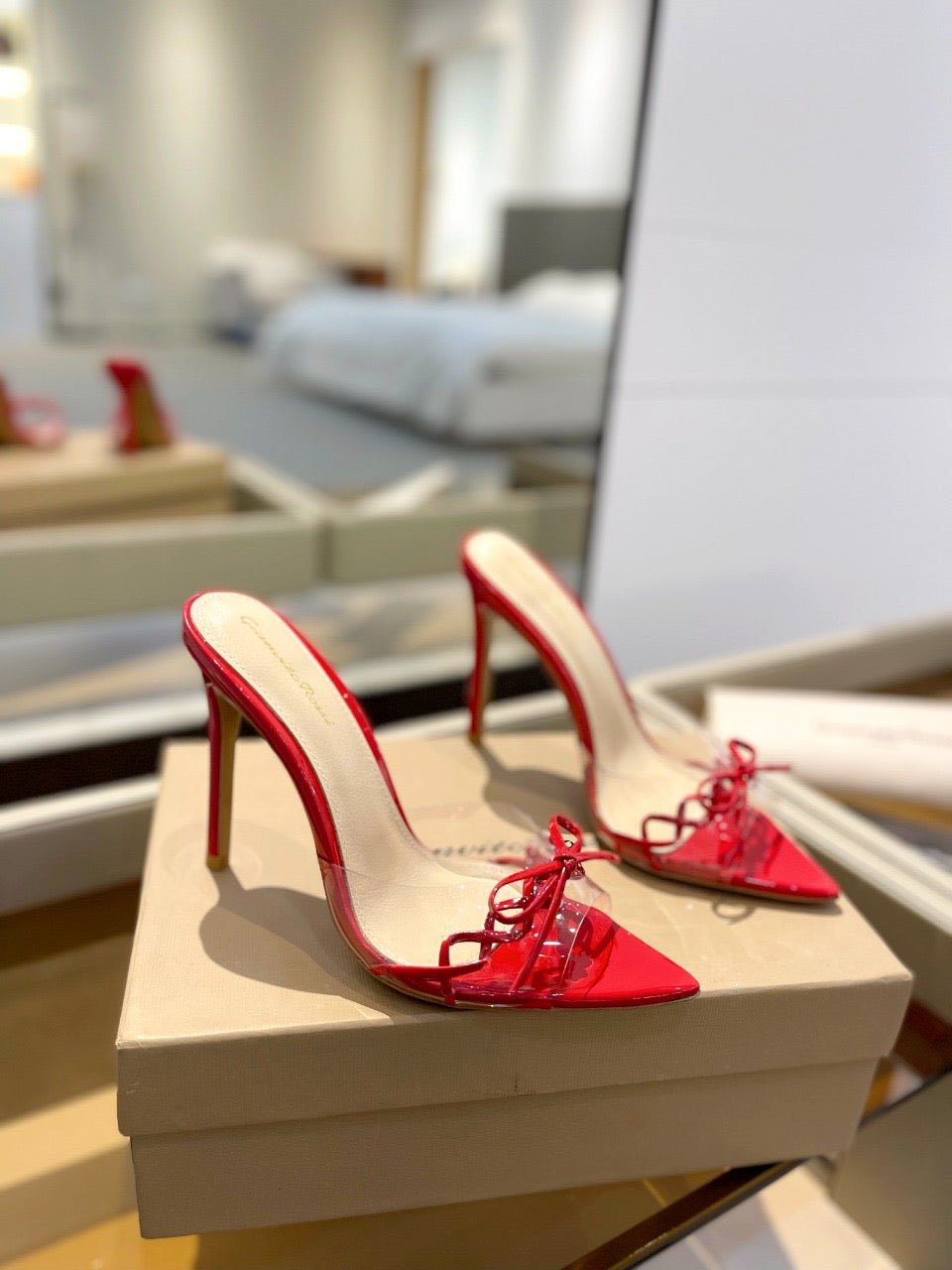 GIANVITO ROSSI 26S HEELED SANDALS 105 MM IN DARK RED PATENT CALFSKIN WITH BOW