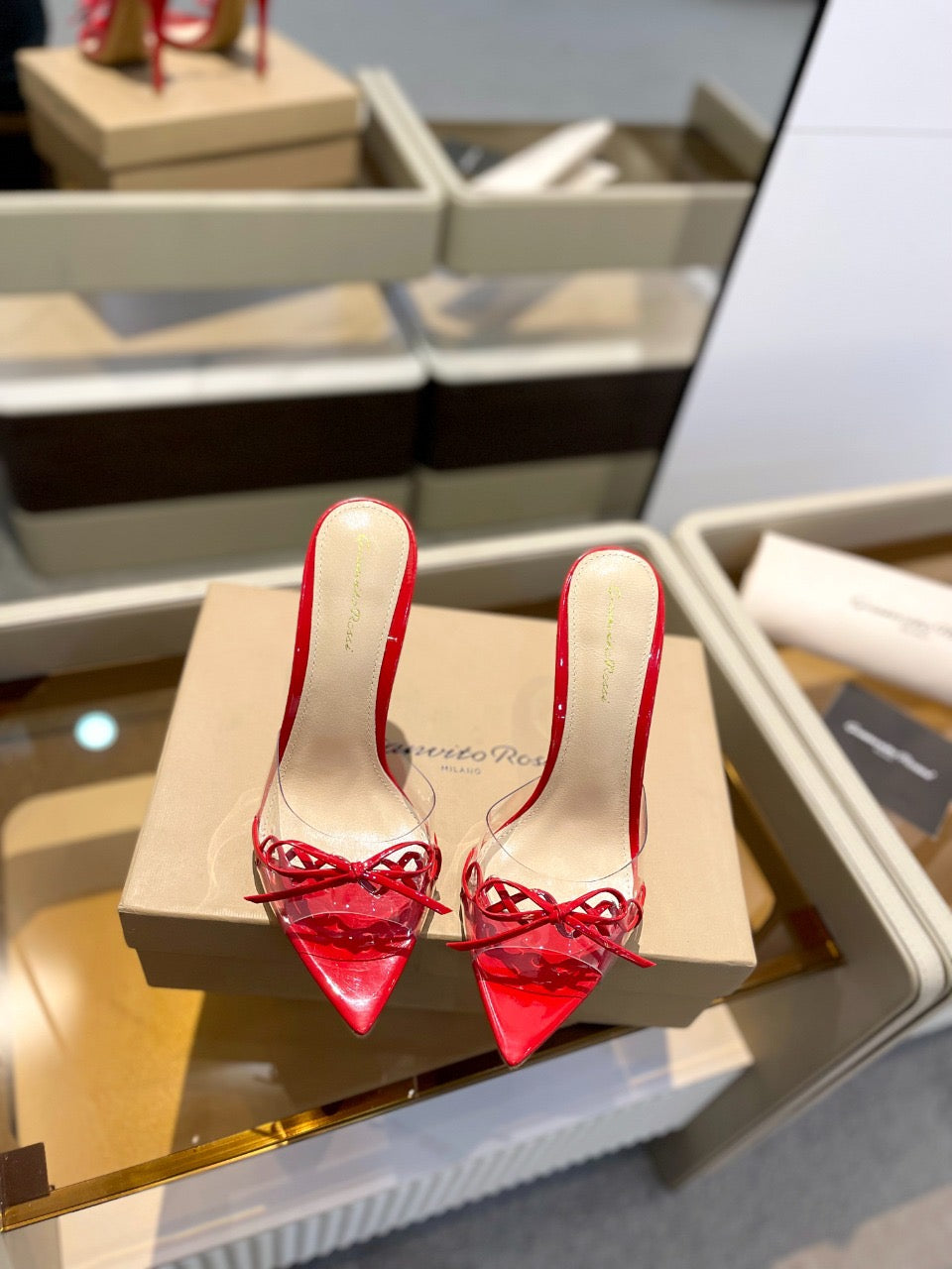 GIANVITO ROSSI 26S HEELED SANDALS 105 MM IN DARK RED PATENT CALFSKIN WITH BOW