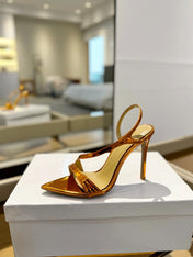 GIANVITO ROSSI 26S STRAPPY HIGH-HEEL SANDALS 105 MM IN METALLIC ORANGE GOLD PATENT CALFSKIN