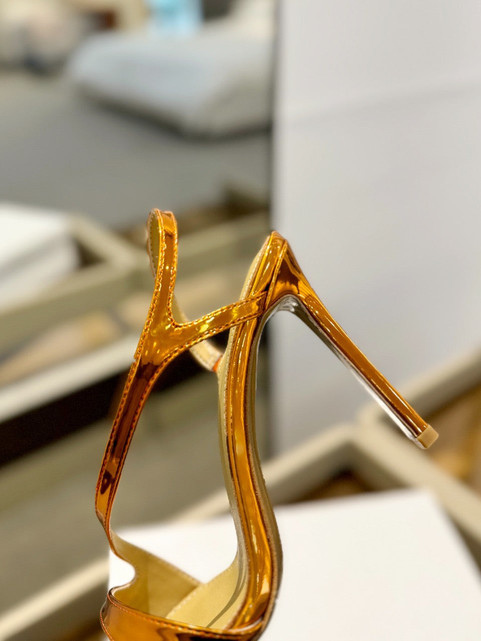 GIANVITO ROSSI 26S STRAPPY HIGH-HEEL SANDALS 105 MM IN METALLIC ORANGE GOLD PATENT CALFSKIN