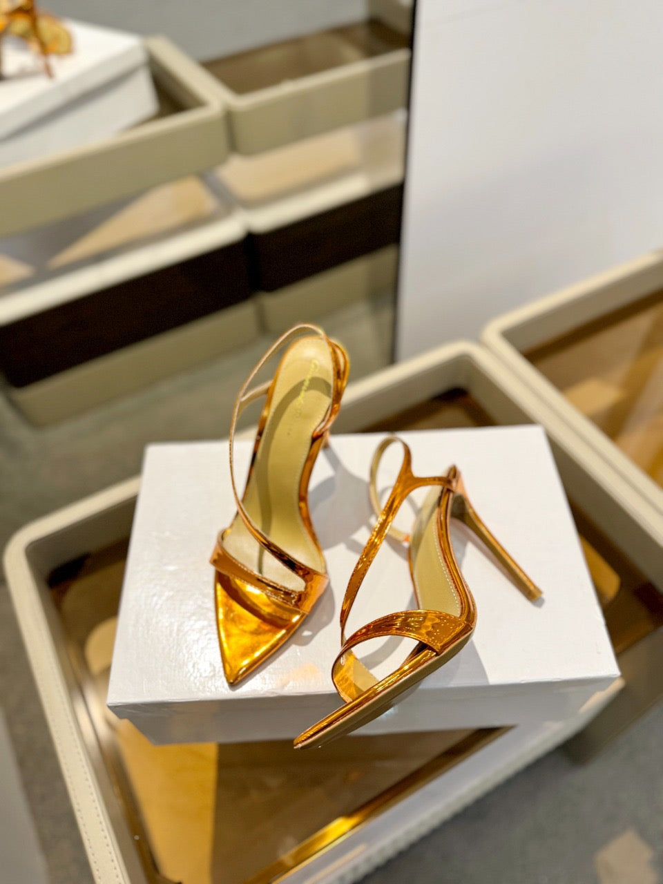 GIANVITO ROSSI 26S STRAPPY HIGH-HEEL SANDALS 105 MM IN METALLIC ORANGE GOLD PATENT CALFSKIN