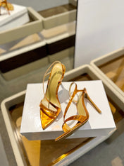 GIANVITO ROSSI 26S STRAPPY HIGH-HEEL SANDALS 105 MM IN METALLIC ORANGE GOLD PATENT CALFSKIN