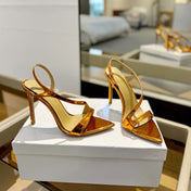 GIANVITO ROSSI 26S STRAPPY HIGH-HEEL SANDALS 105 MM IN METALLIC ORANGE GOLD PATENT CALFSKIN