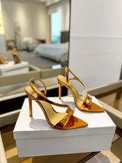 GIANVITO ROSSI 26S STRAPPY HIGH-HEEL SANDALS 105 MM IN METALLIC ORANGE GOLD PATENT CALFSKIN
