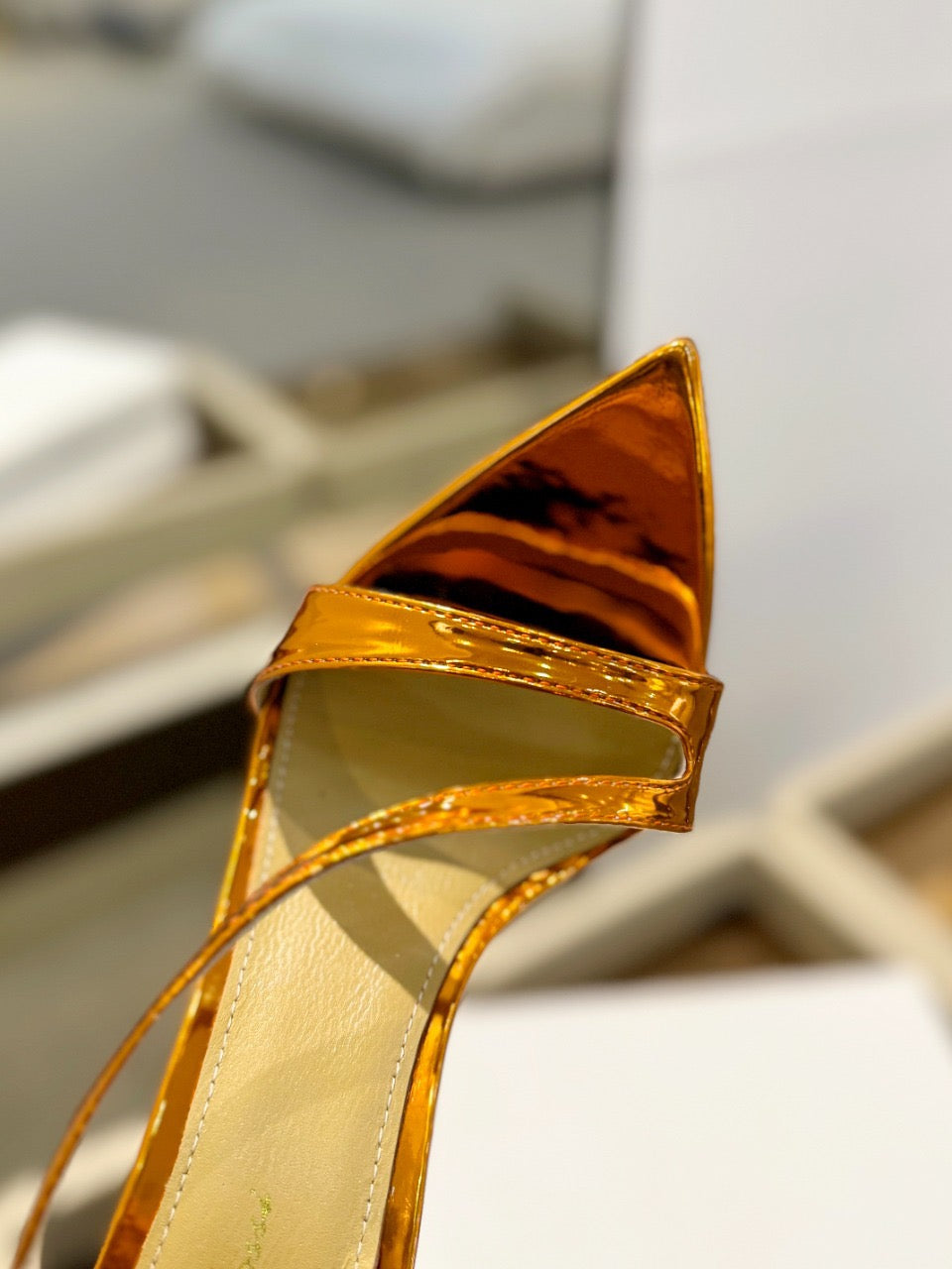 GIANVITO ROSSI 26S STRAPPY HIGH-HEEL SANDALS 105 MM IN METALLIC ORANGE GOLD PATENT CALFSKIN