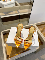 GIANVITO ROSSI 26S STRAPPY HIGH-HEEL SANDALS 105 MM IN METALLIC ORANGE GOLD PATENT CALFSKIN