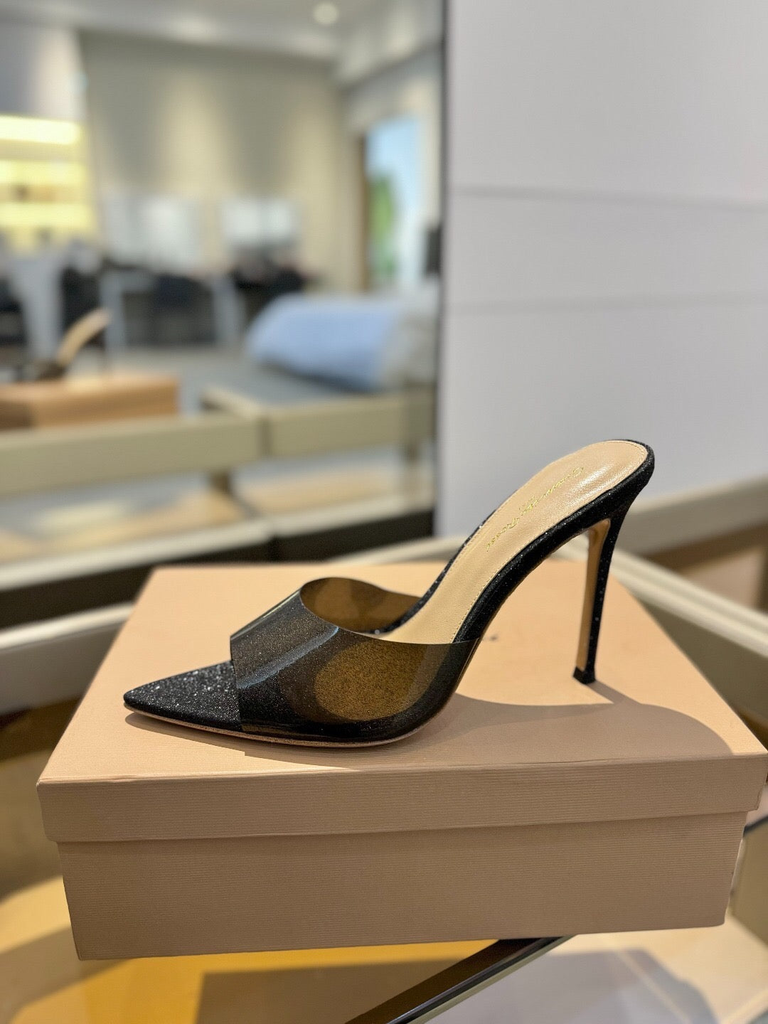 GIANVITO ROSSI 26S POINTED-TOE HIGH-HEEL SANDALS 105 MM IN BLACK GLITTER FABRIC