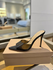GIANVITO ROSSI 26S POINTED-TOE HIGH-HEEL SANDALS 105 MM IN BLACK GLITTER FABRIC